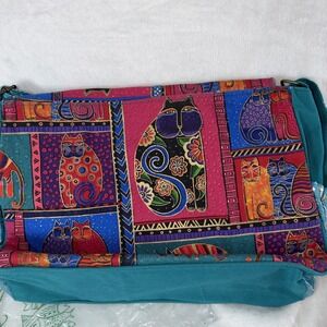 Vtg 00s Laurel Burch Feline Friends Canvas Tote Wood Charm Teal Cat Folk Art NWT